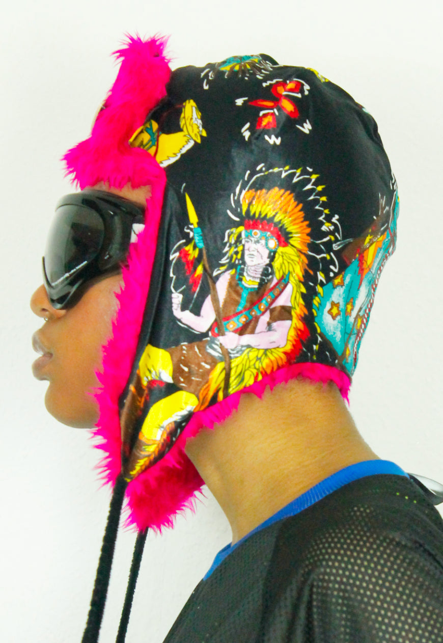 ALASKA - Black Satin Aztec and native print trapper hat with pink fur