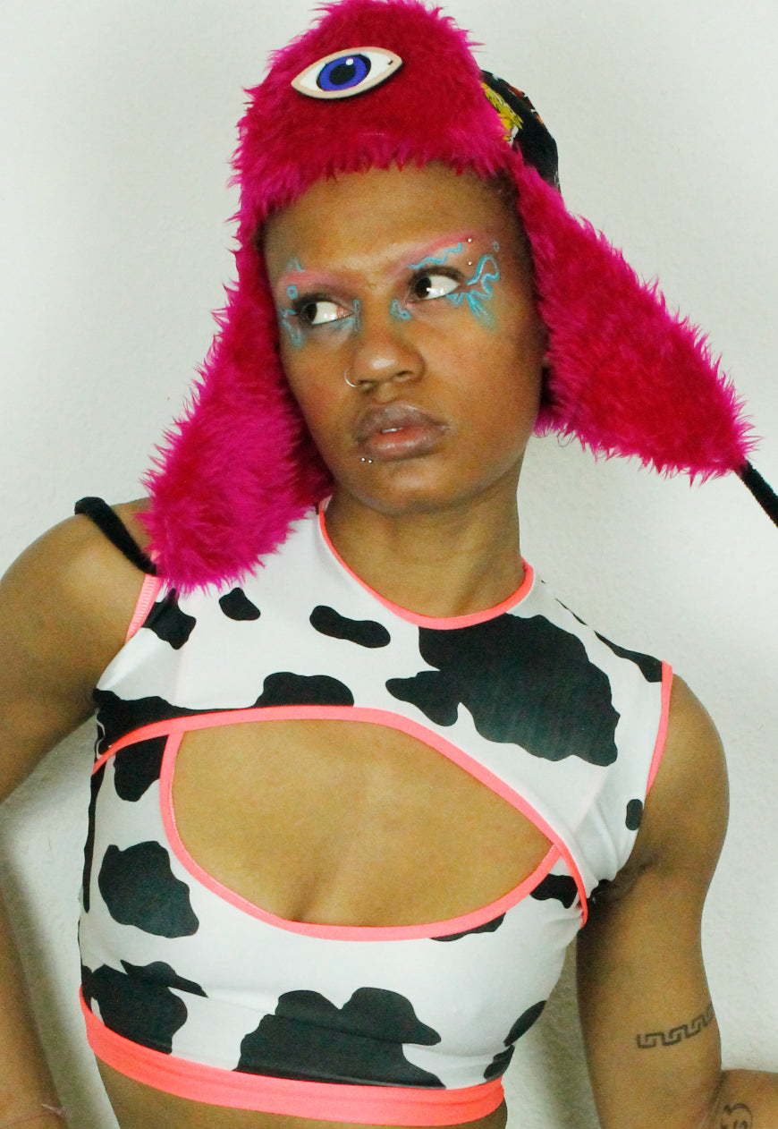 ALASKA - Black Satin Aztec and native print trapper hat with pink fur
