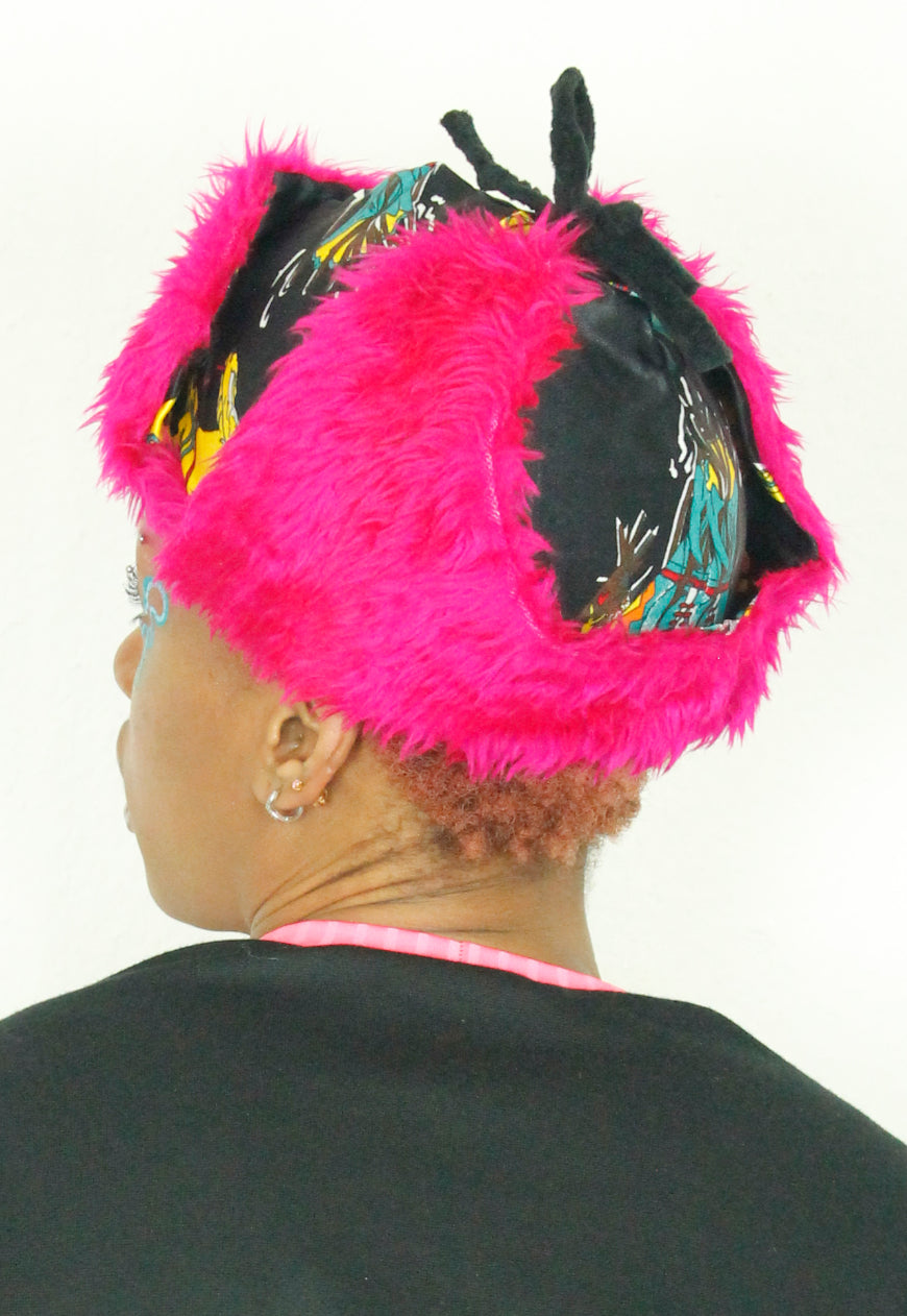 ALASKA - Black Satin Aztec and native print trapper hat with pink fur