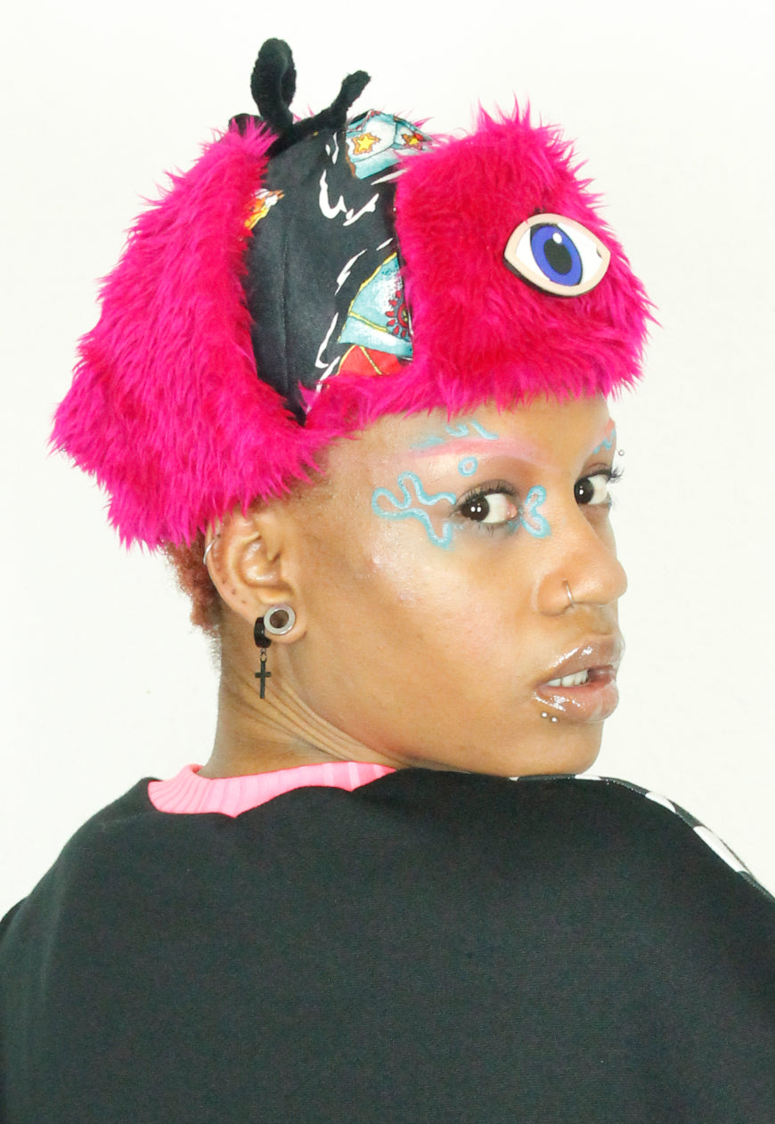 ALASKA - Black Satin Aztec and native print trapper hat with pink fur