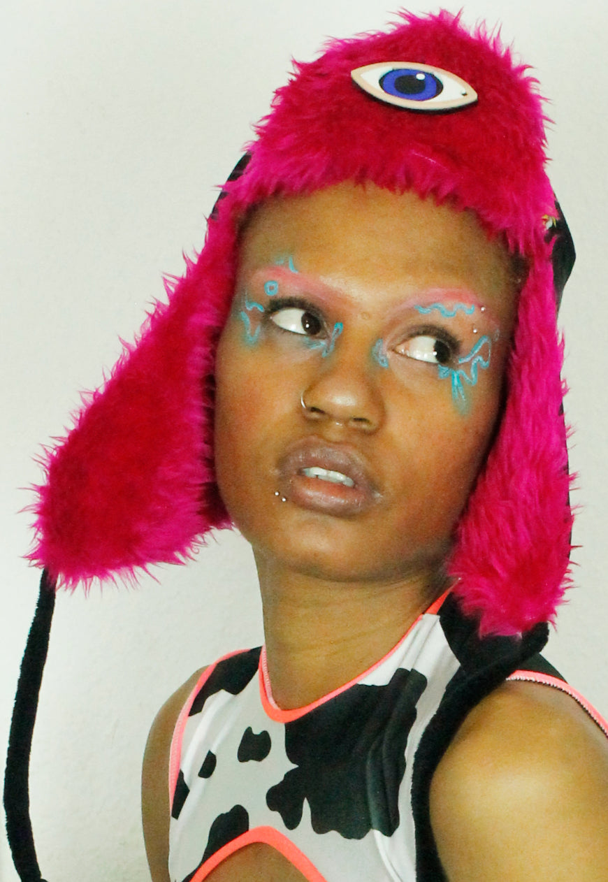 ALASKA - Black Satin Aztec and native print trapper hat with pink fur