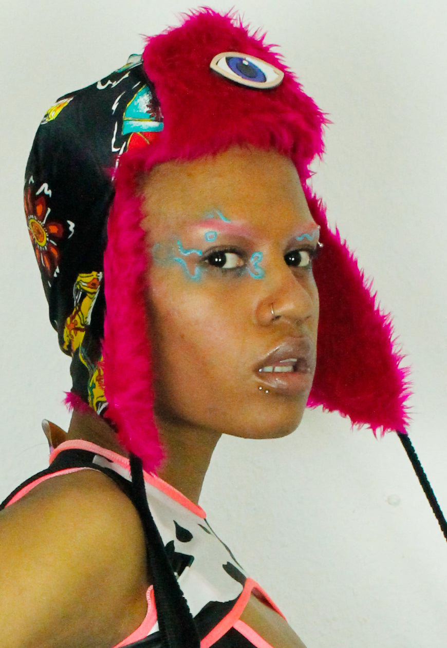 ALASKA - Black Satin Aztec and native print trapper hat with pink fur