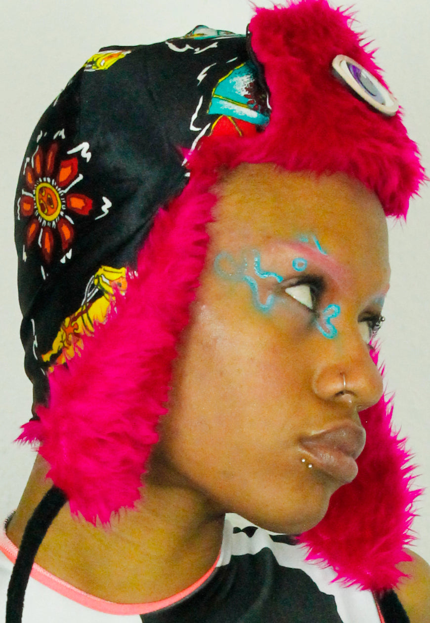 ALASKA - Black Satin Aztec and native print trapper hat with pink fur