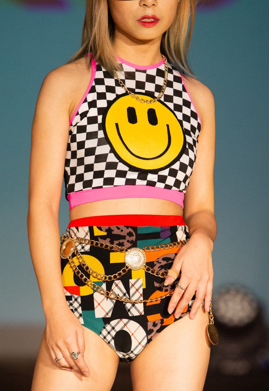 All Smiles - Checkerboard crop top with Happy Smile face