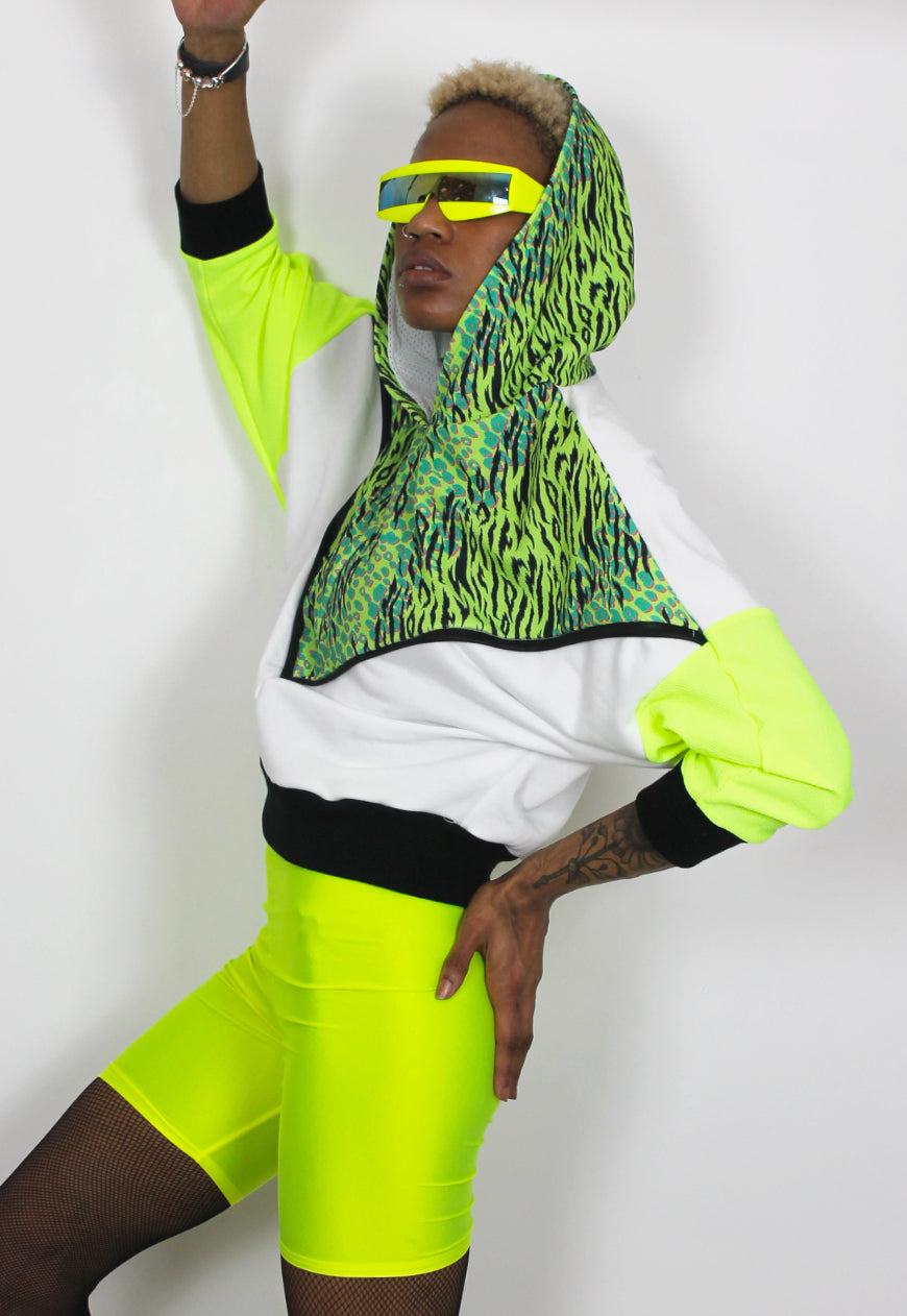 Atomic, Batwing hooded top in neon green, lime and white with print panel