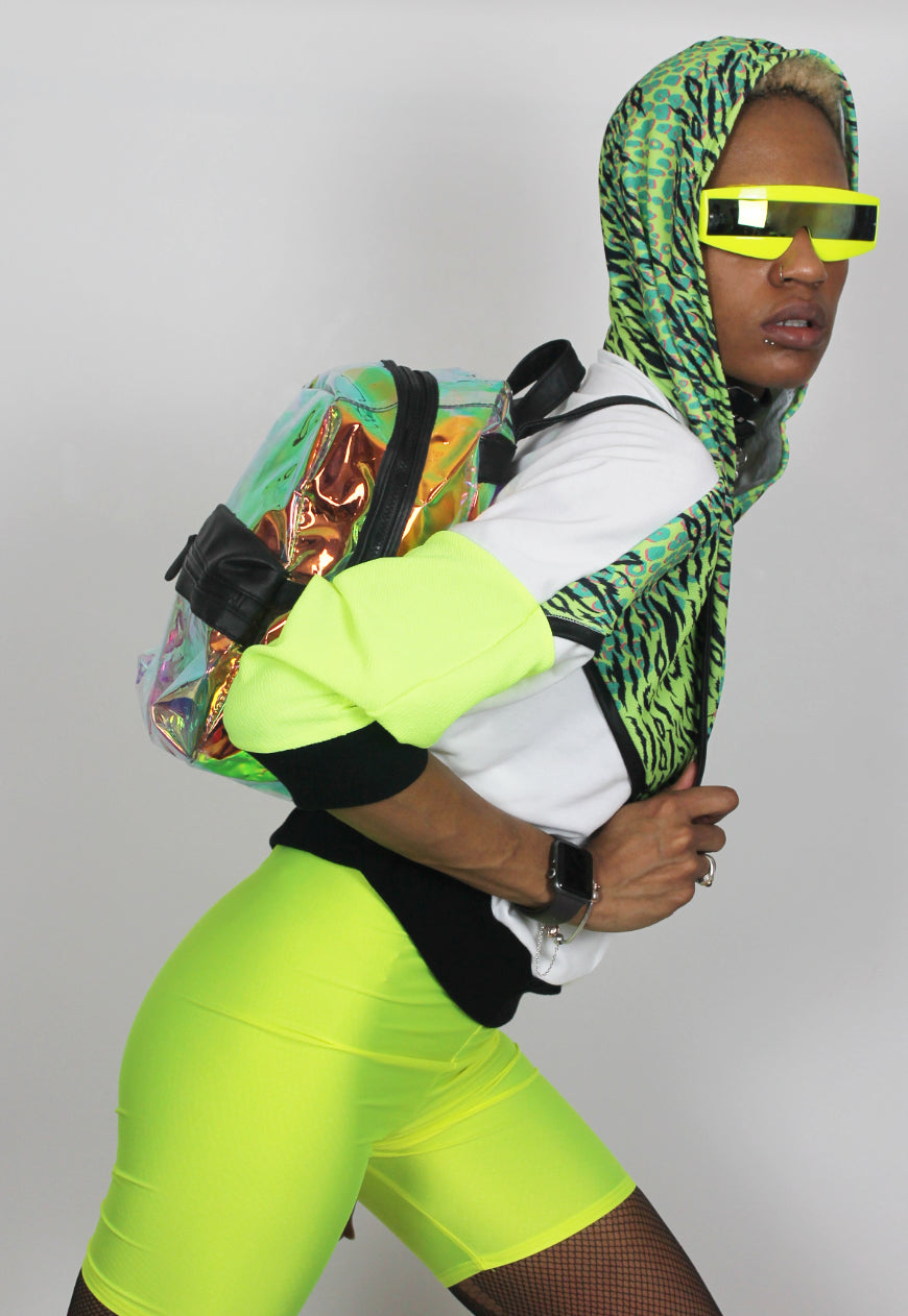 Atomic, Batwing hooded top in neon green, lime and white with print panel