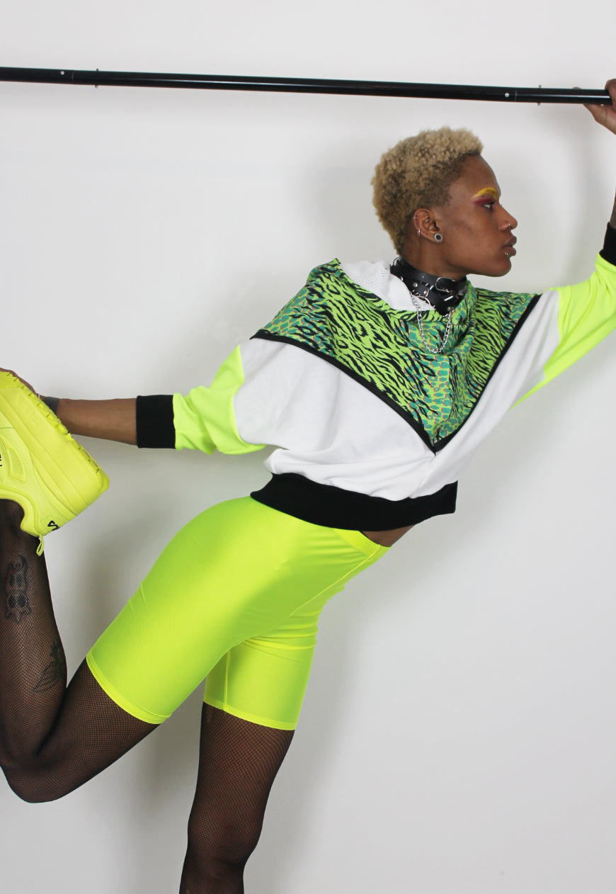 Atomic, Batwing hooded top in neon green, lime and white with print panel