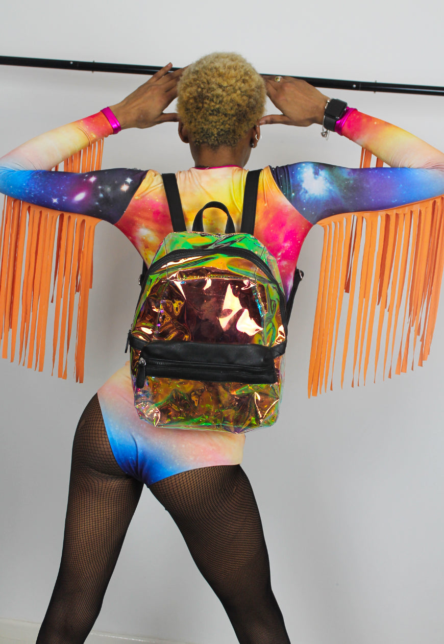 Aurora - Cosmic print crop top with neon maxi fringe and long sleeves