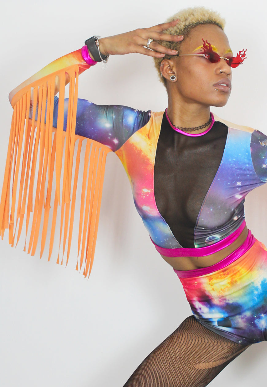 Aurora - Cosmic print crop top with neon maxi fringe and long sleeves