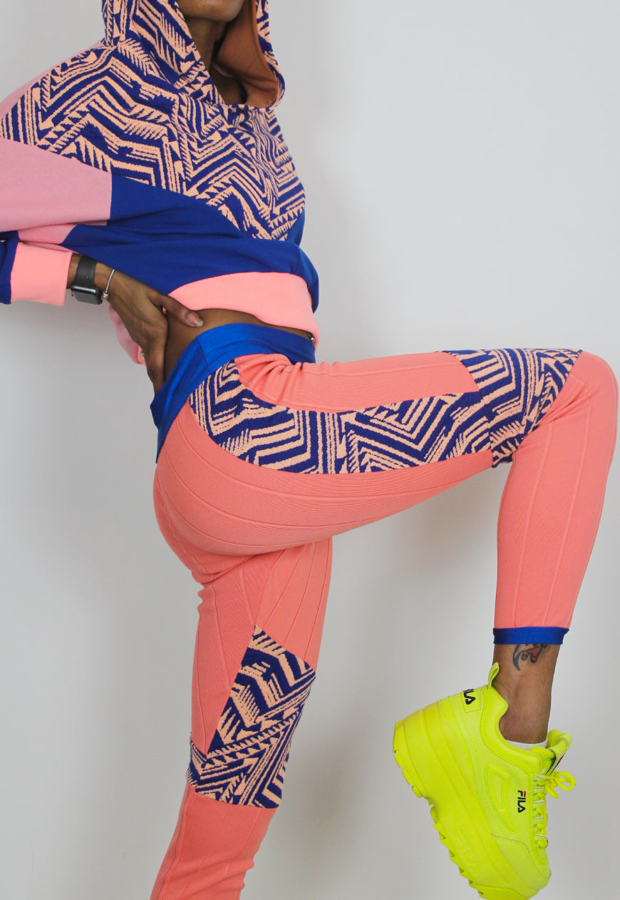 Aztec - Pink and blue woven panel tribal print hooded top