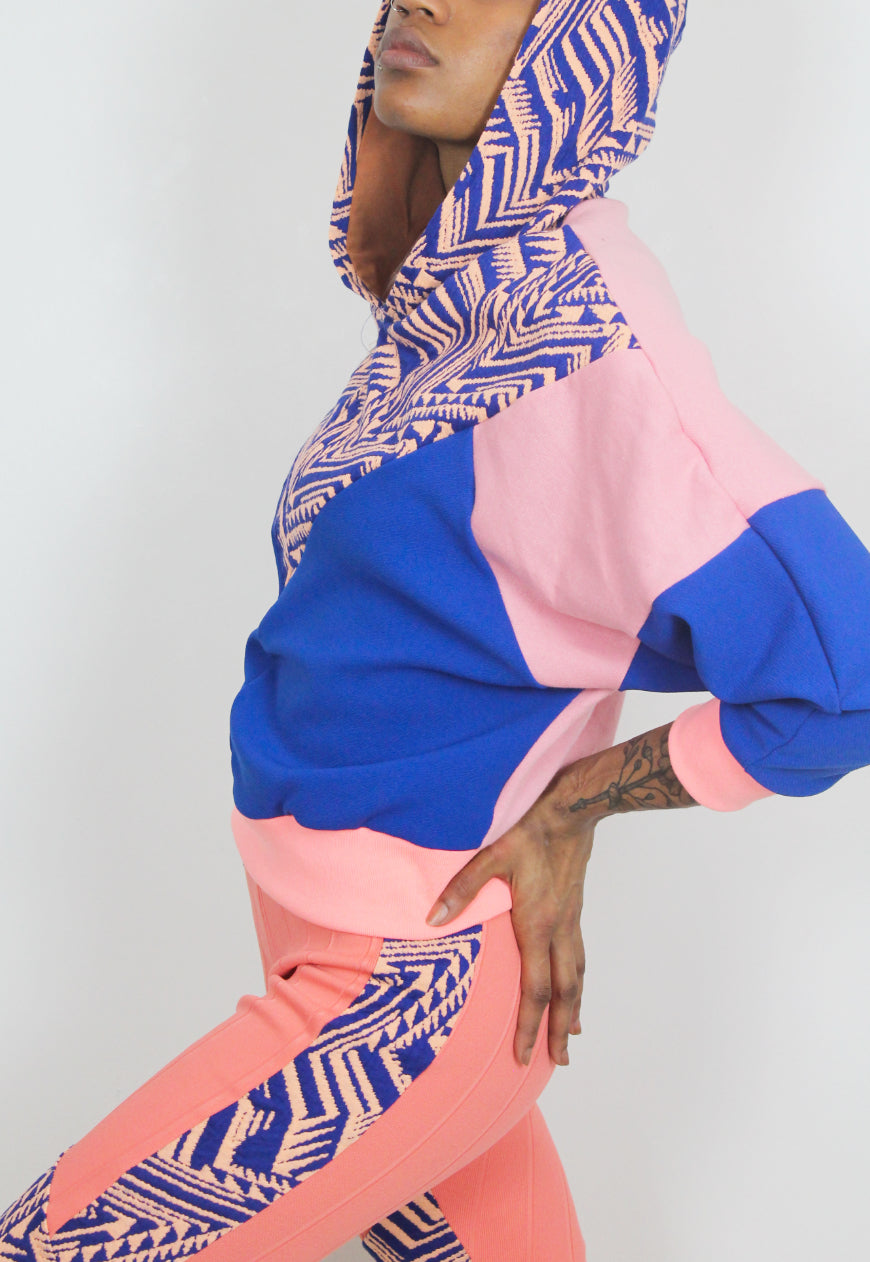 Aztec - Pink and blue woven panel tribal print hooded top