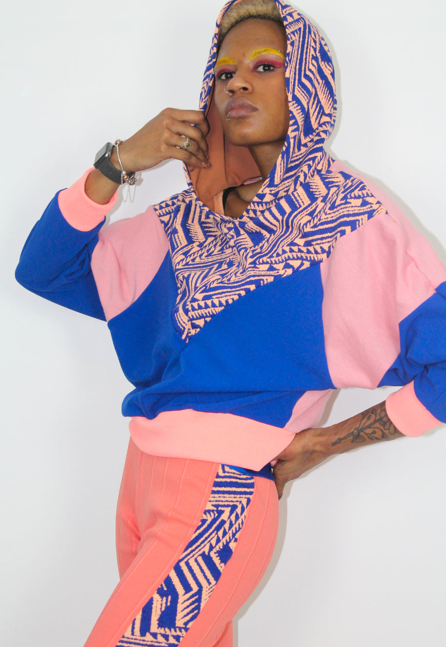 Aztec - Pink and blue woven panel tribal print hooded top