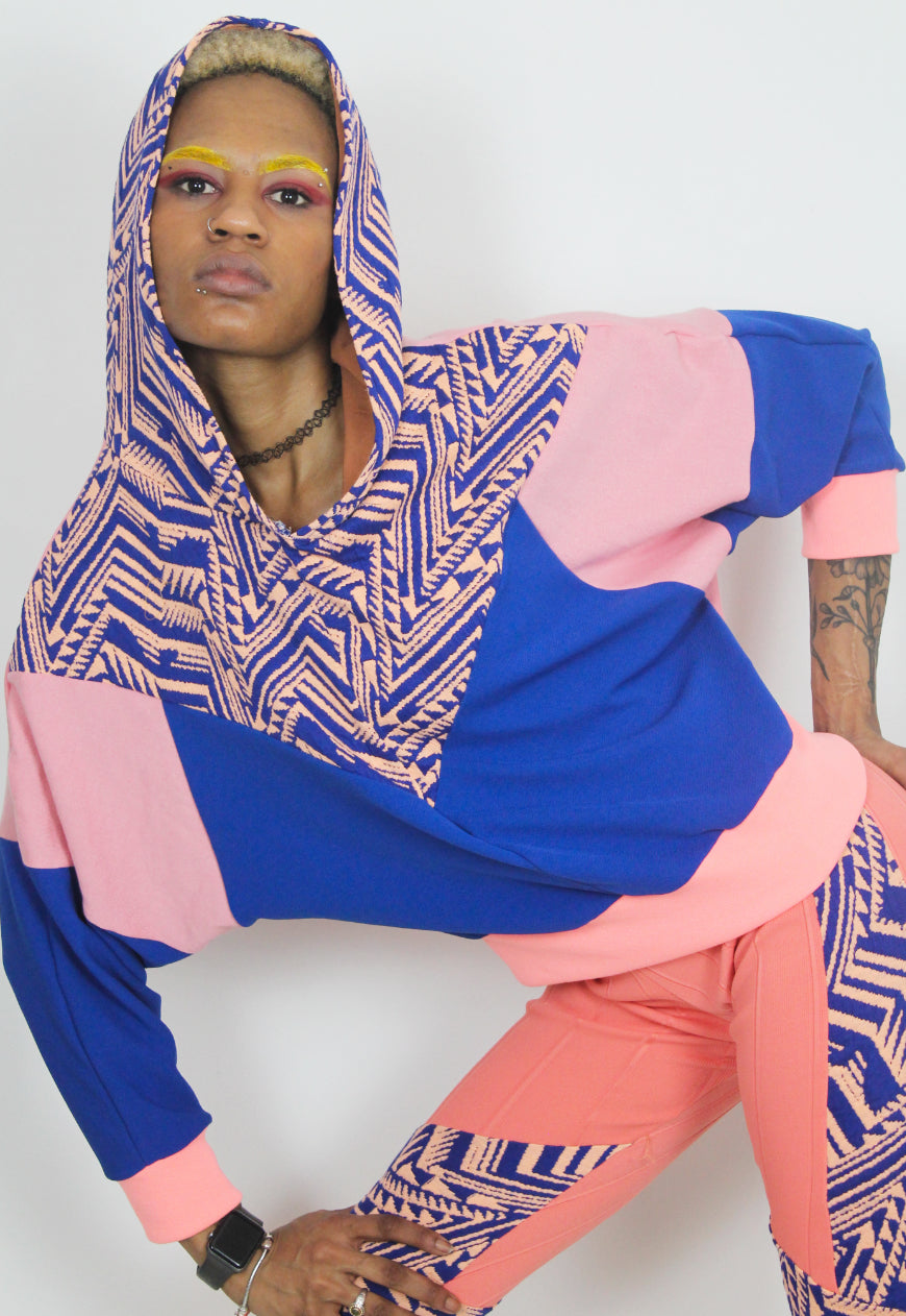 Aztec - Pink and blue woven panel tribal print hooded top