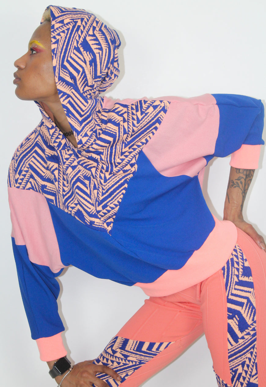 Aztec - Pink and blue woven panel tribal print hooded top