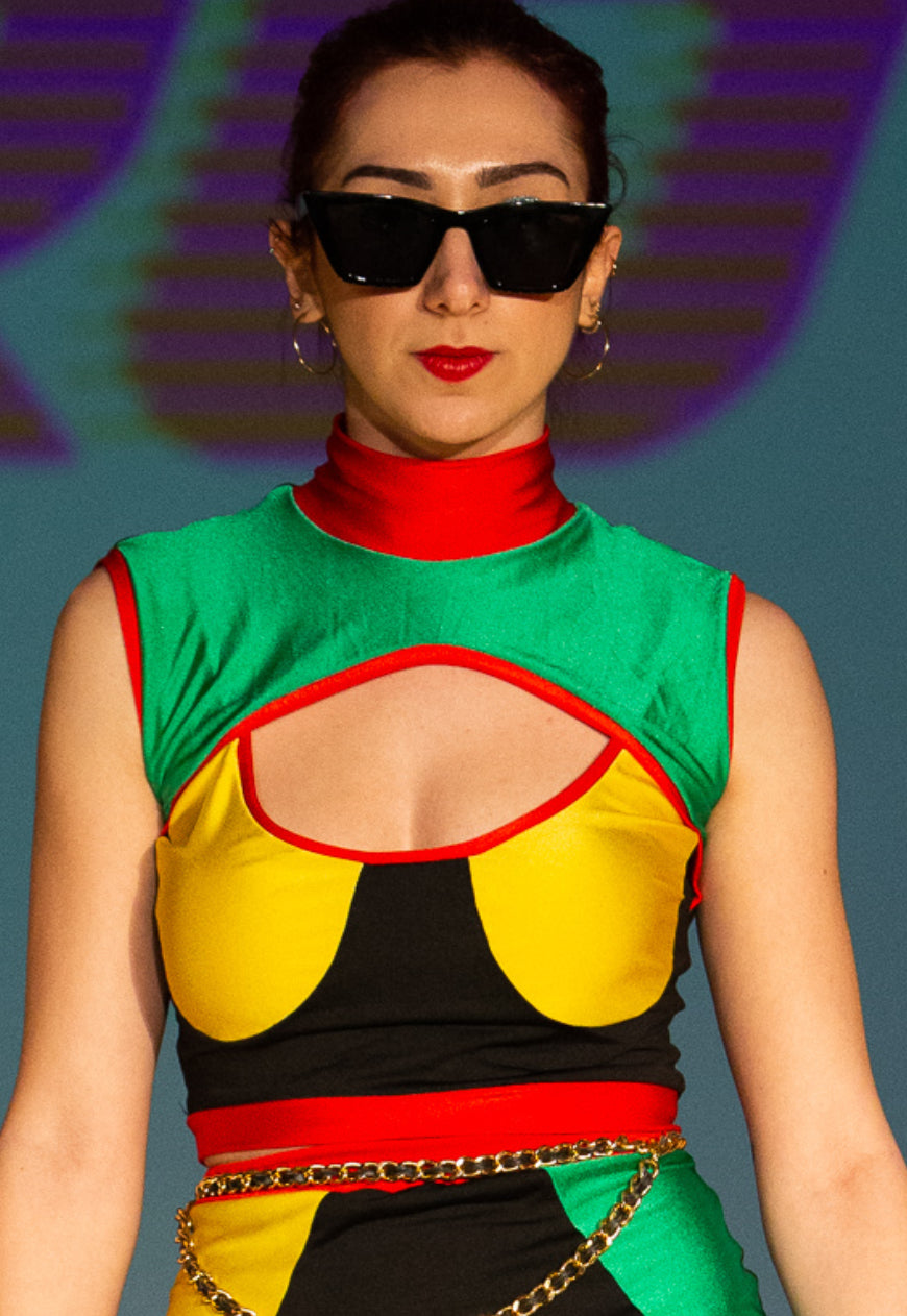 BADGAL Red Gold and green colour block peekaboo crop top