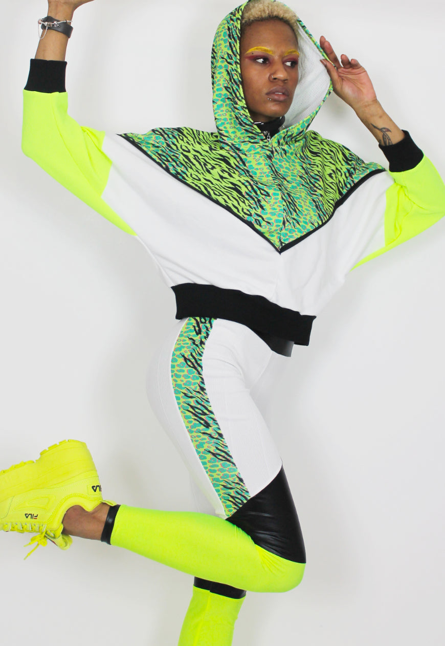 Atomic, Batwing hooded top in neon green, lime and white with print panel