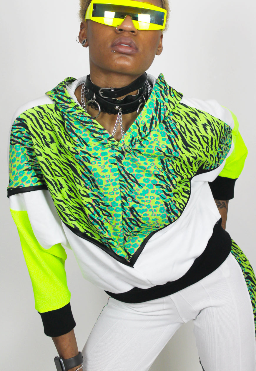 Atomic, Batwing hooded top in neon green, lime and white with print panel