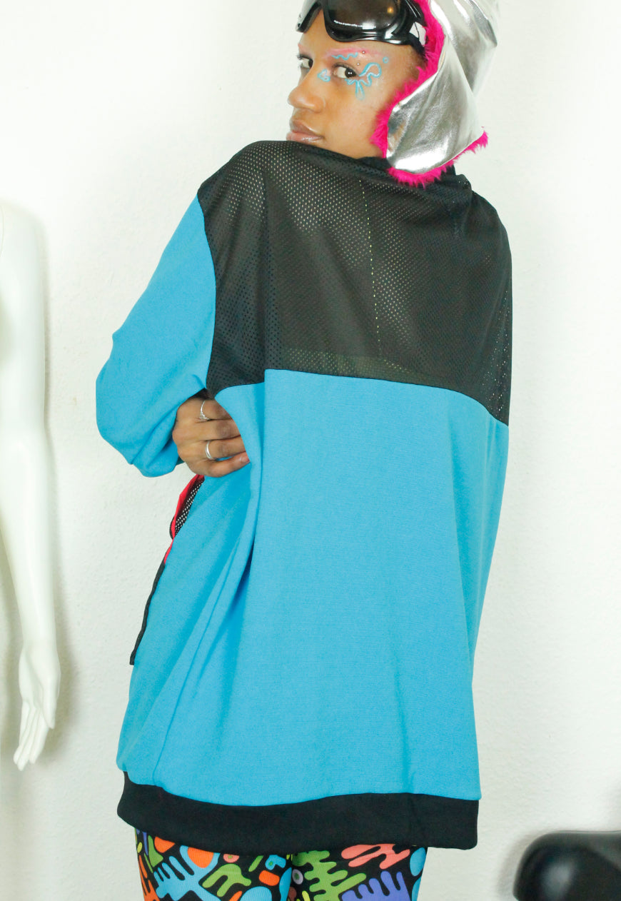 BLUR Blue Red and yellow oversized sweat with mesh and logo panels