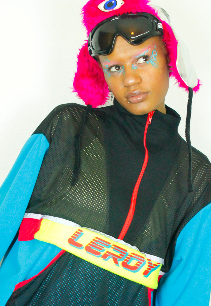 BLUR Blue Red and yellow oversized sweat with mesh and logo panels