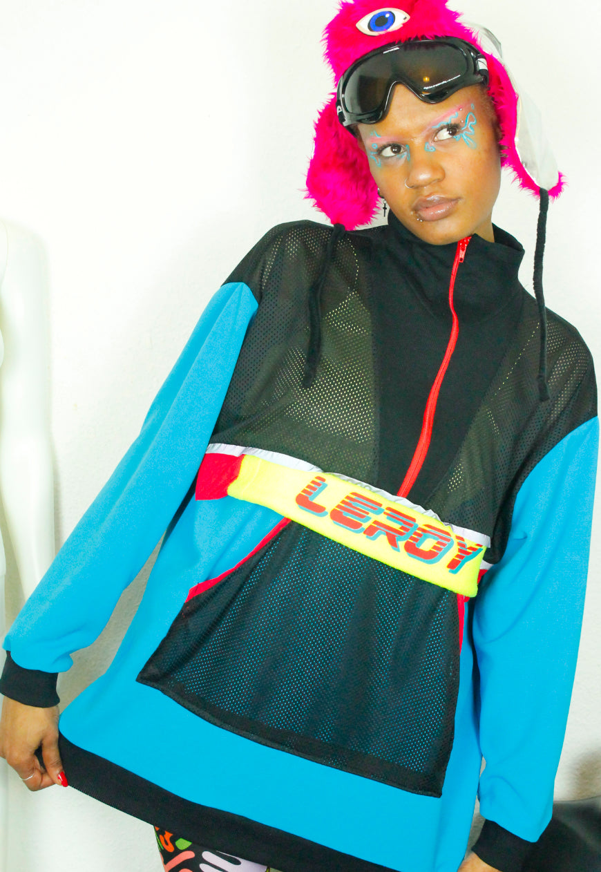 BLUR Blue Red and yellow oversized sweat with mesh and logo panels