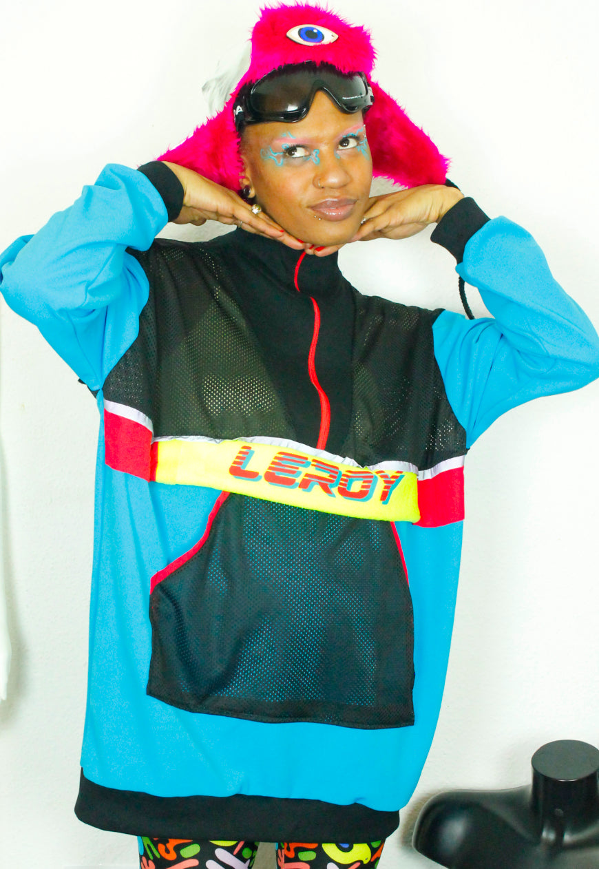 BLUR Blue Red and yellow oversized sweat with mesh and logo panels