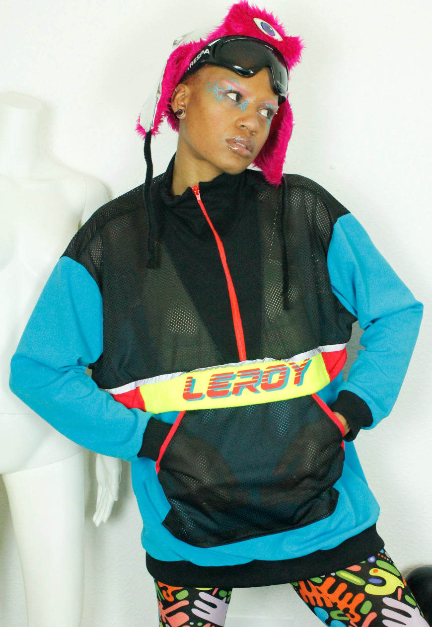 BLUR Blue Red and yellow oversized sweat with mesh and logo panels