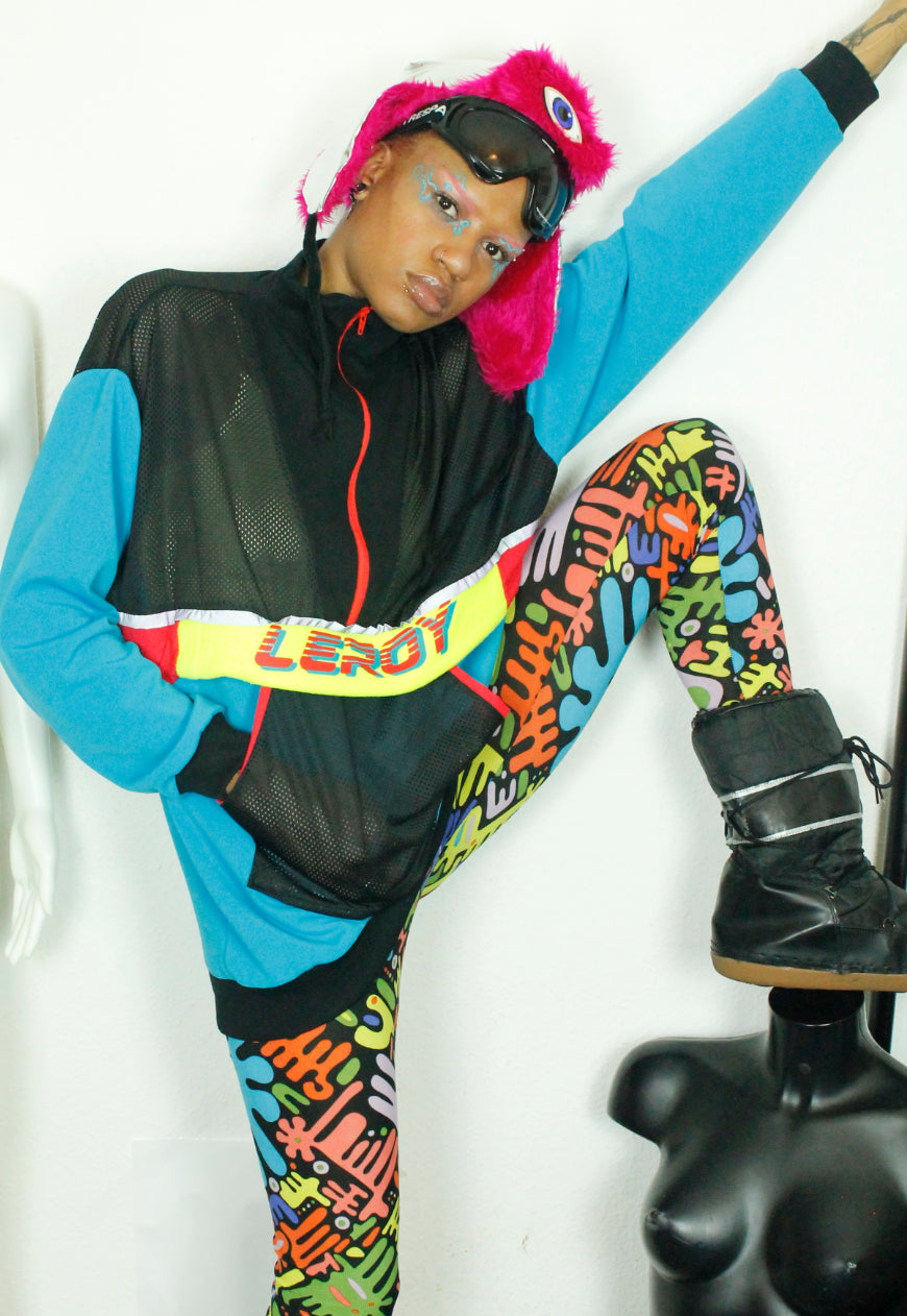 BLUR Blue Red and yellow oversized sweat with mesh and logo panels