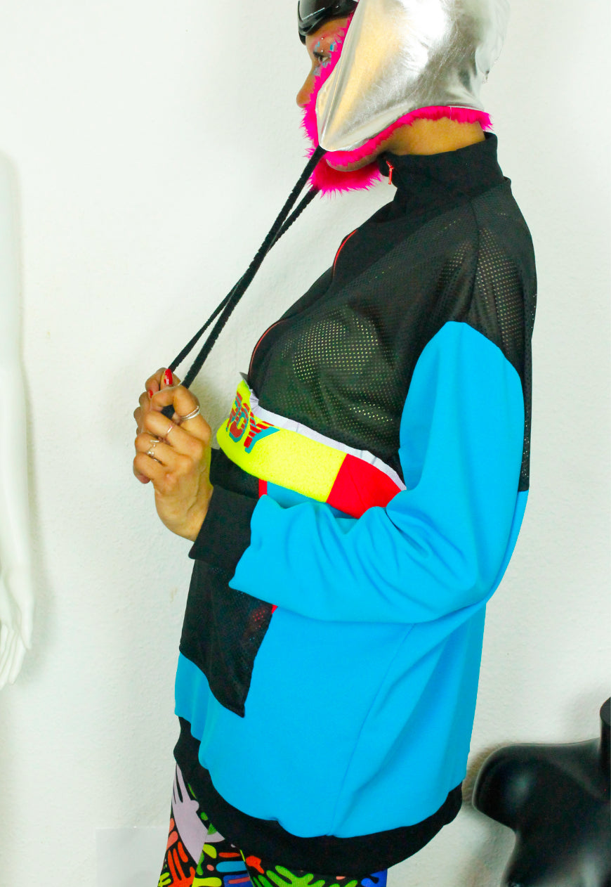 BLUR Blue Red and yellow oversized sweat with mesh and logo panels