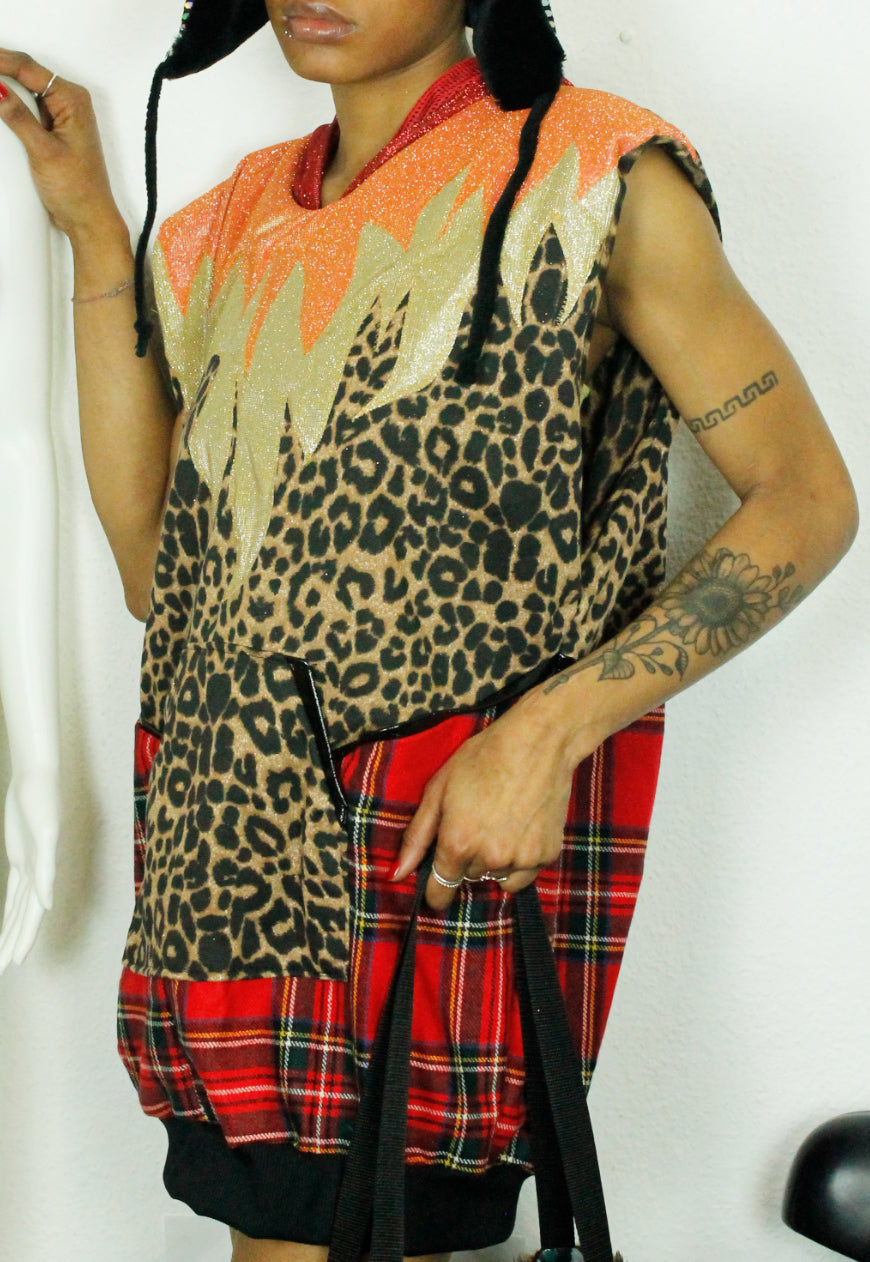 BRAVEHEART - Tartan and leopard super oversized hooded sweater with glitter hood and fire applique