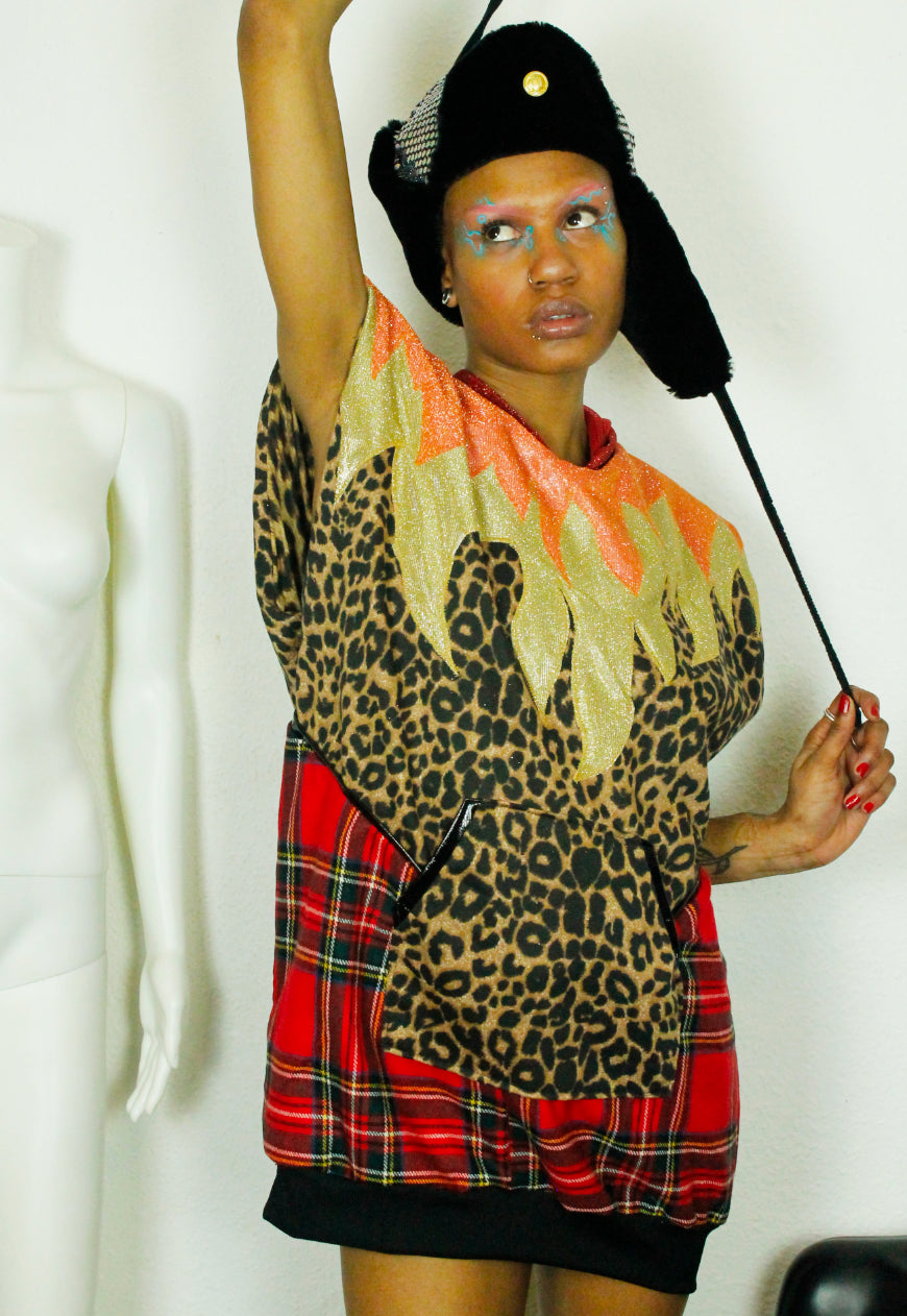 BRAVEHEART - Tartan and leopard super oversized hooded sweater with glitter hood and fire applique