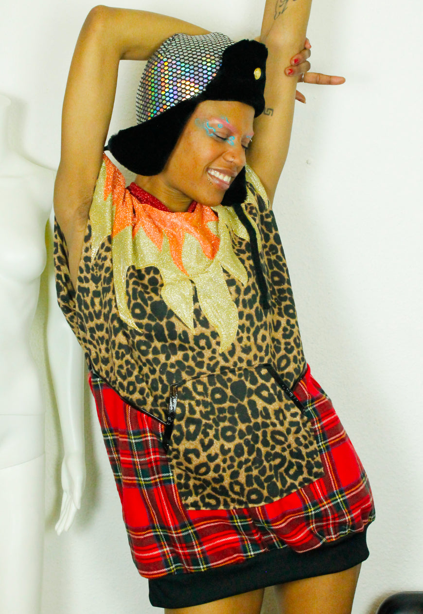 BRAVEHEART - Tartan and leopard super oversized hooded sweater with glitter hood and fire applique