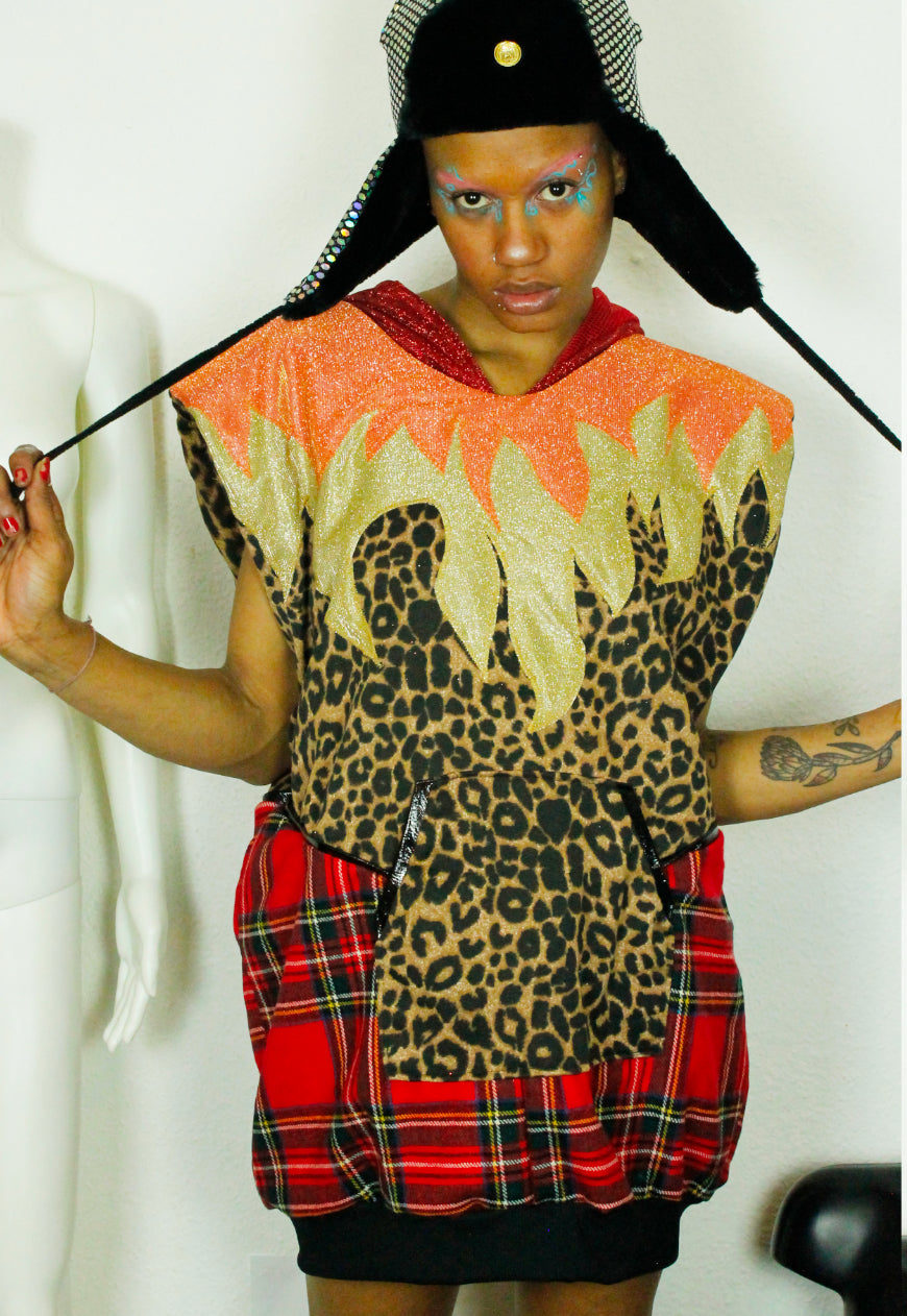 BRAVEHEART - Tartan and leopard super oversized hooded sweater with glitter hood and fire applique