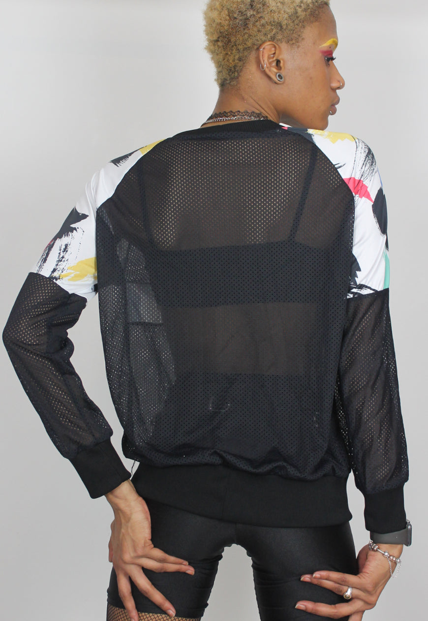 Brushstrokes - Oversized black airtex jumper with retro 80s paint splash panels