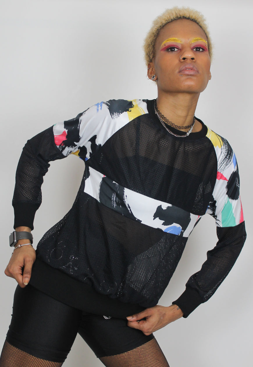 Brushstrokes - Oversized black airtex jumper with retro 80s paint splash panels