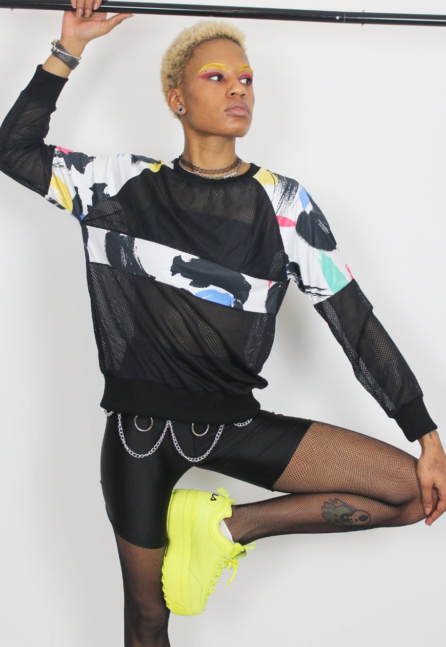 Brushstrokes - Oversized black airtex jumper with retro 80s paint splash panels