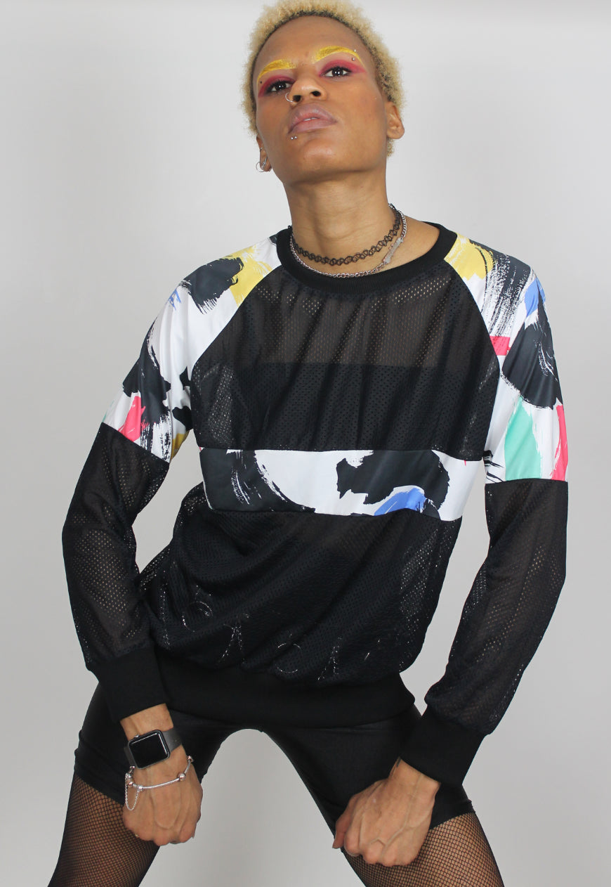 Brushstrokes - Oversized black airtex jumper with retro 80s paint splash panels