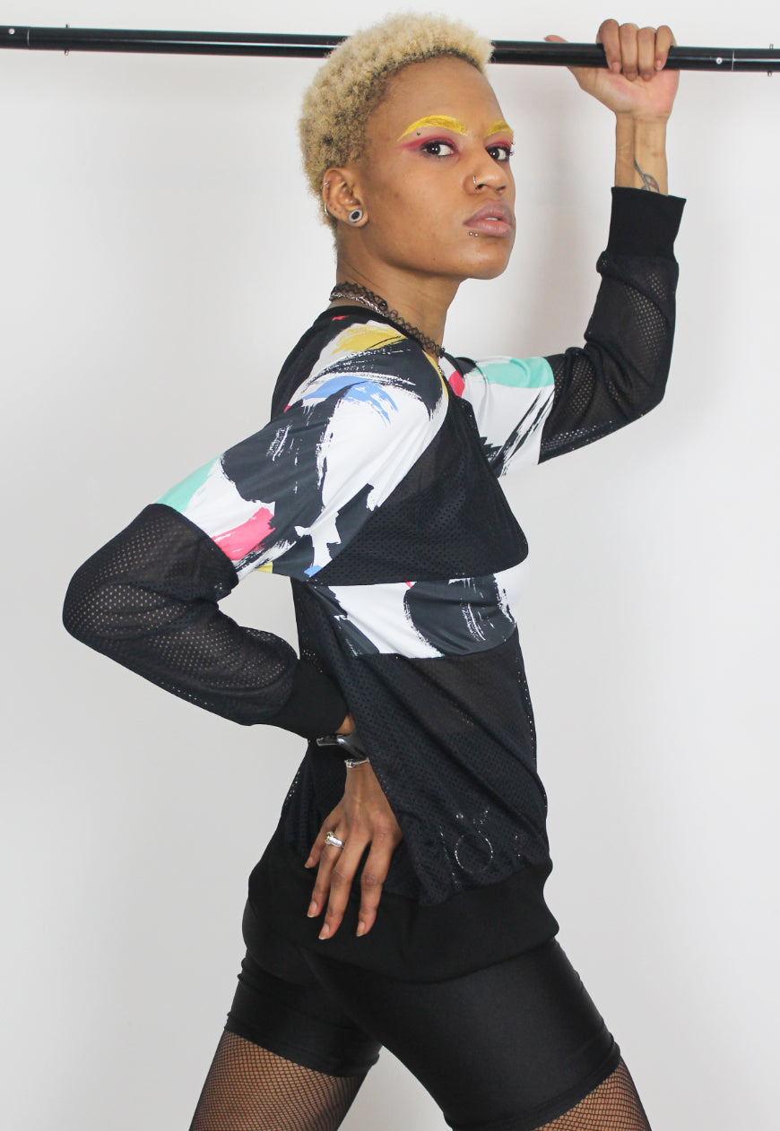 Brushstrokes - Oversized black airtex jumper with retro 80s paint splash panels