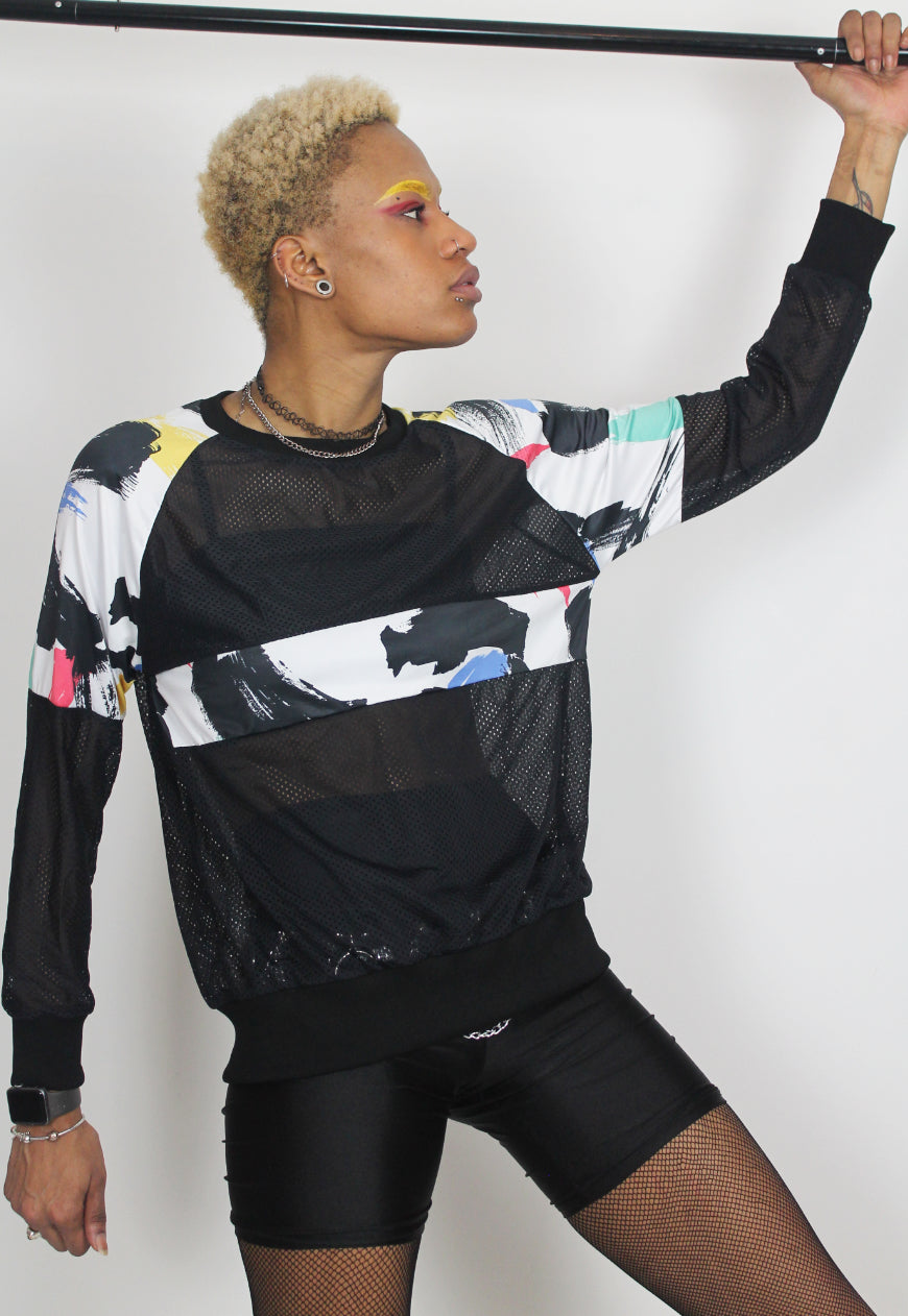 Brushstrokes - Oversized black airtex jumper with retro 80s paint splash panels