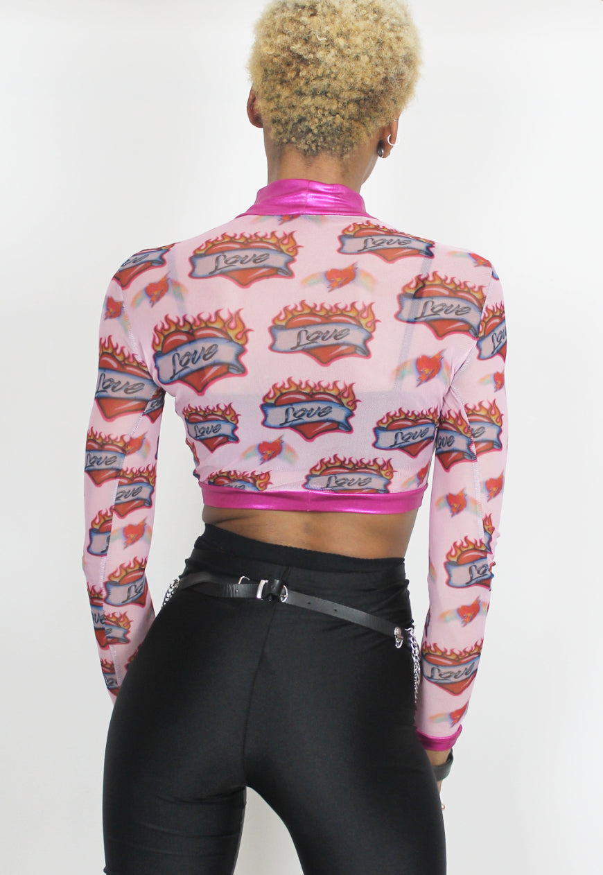 Burning Love - Pink heart print mesh crop top with love tattoo print