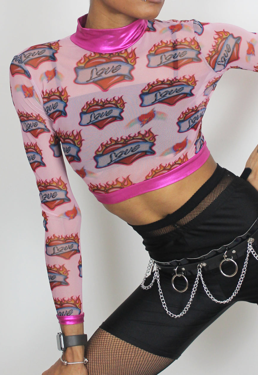 Burning Love - Pink heart print mesh crop top with love tattoo print