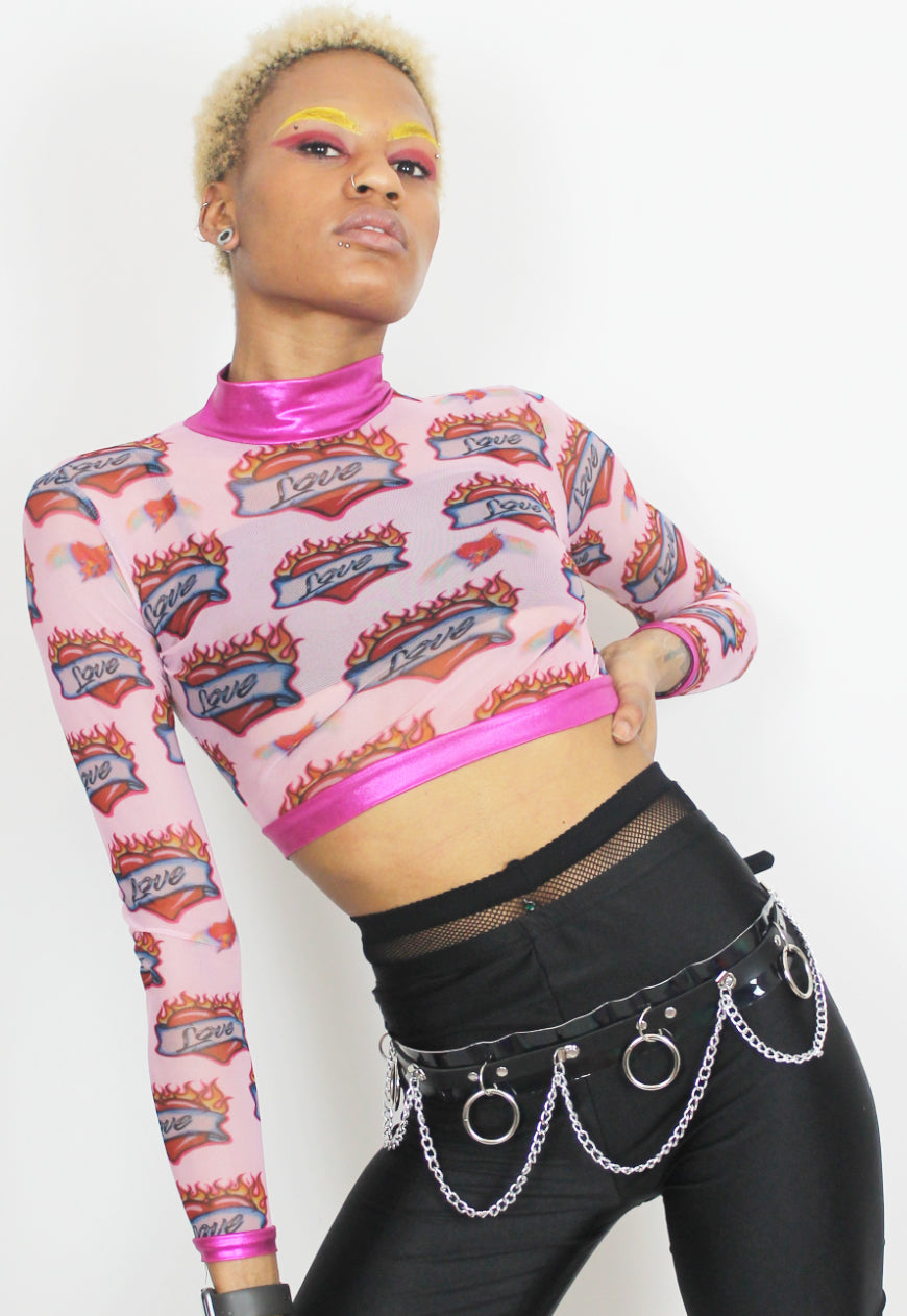 Burning Love - Pink heart print mesh crop top with love tattoo print