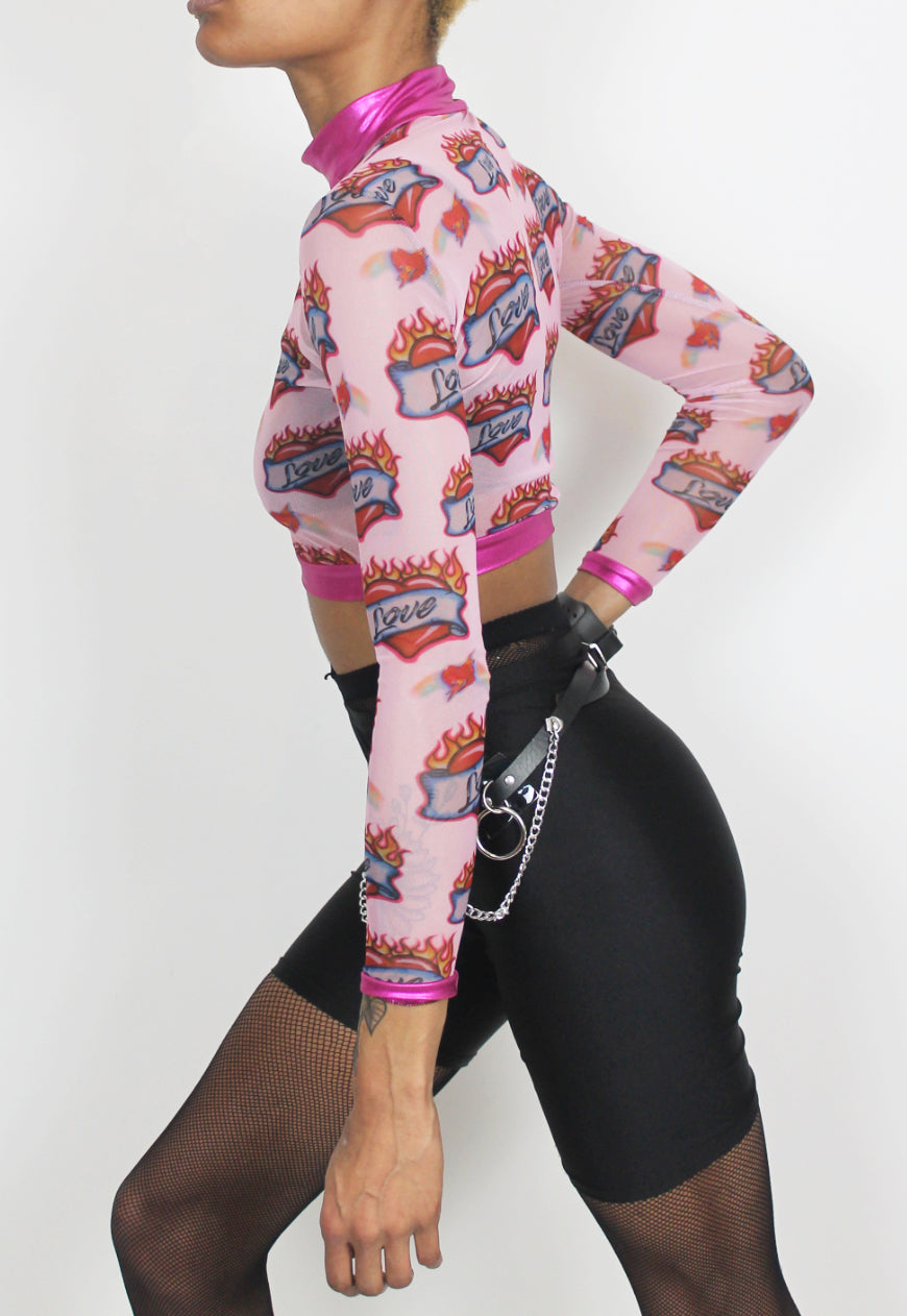 Burning Love - Pink heart print mesh crop top with love tattoo print