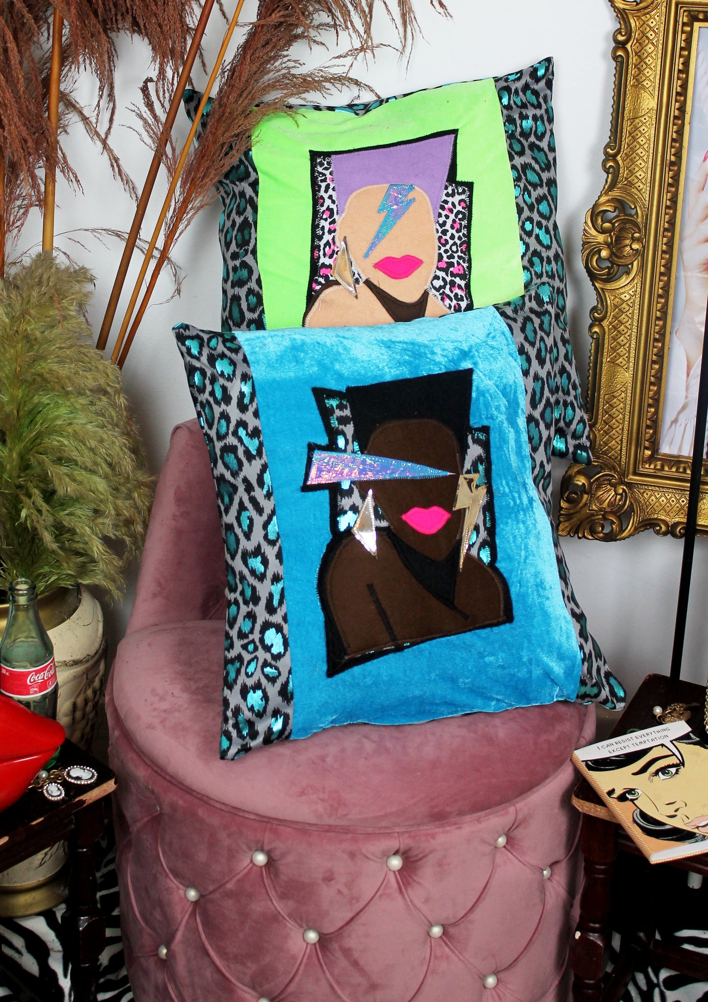 Libertango - handmade throw cushion in blue velvet and blue leopard print with 80’s Grace Jones face appliqué.