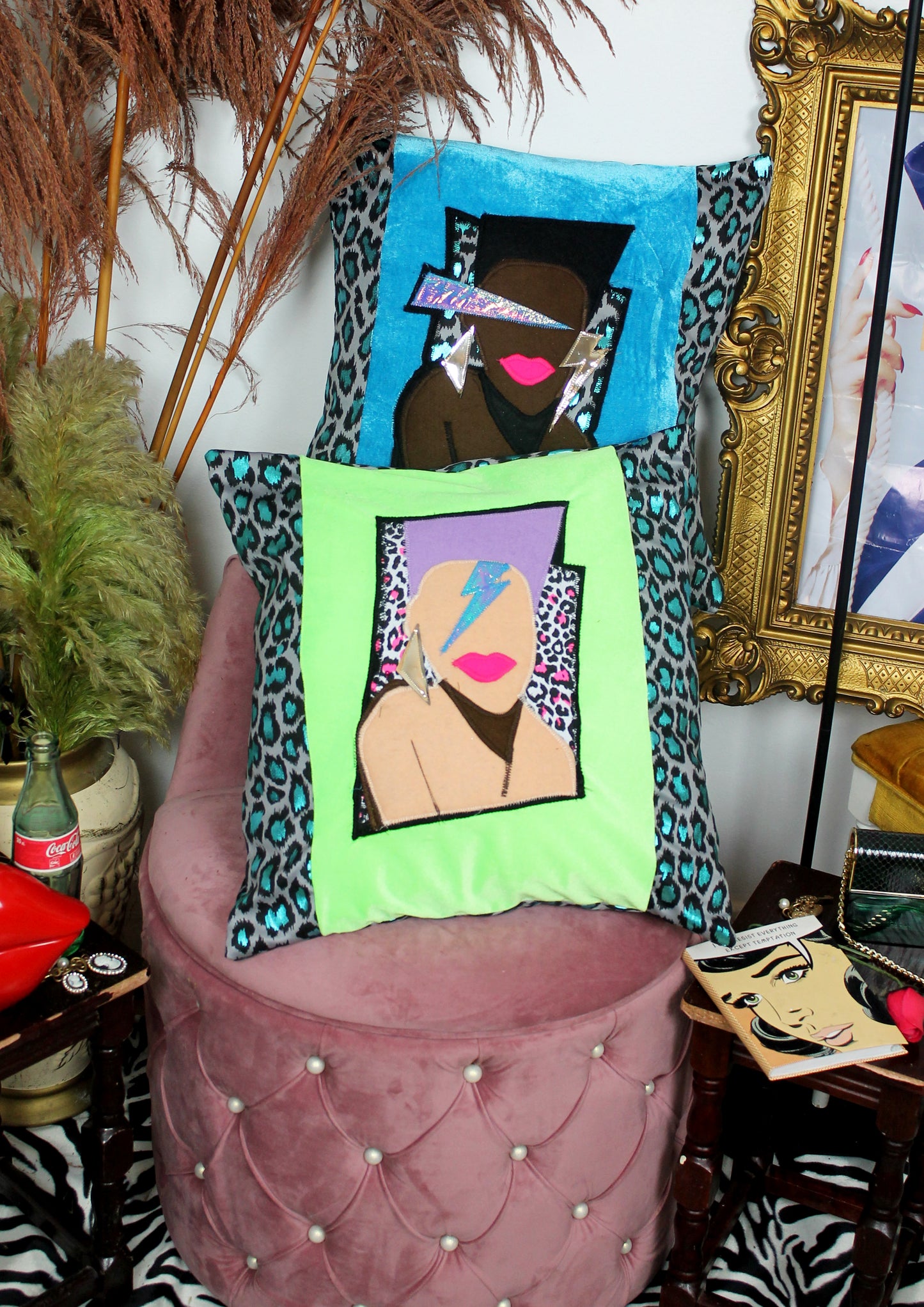 Stardust - handmade throw cushion in neon green and blue leopard print with 80’s face appliqué.
