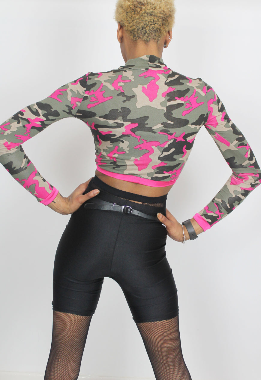 Camo Kisses - Camouflage crop top with monster furry lips appliqué