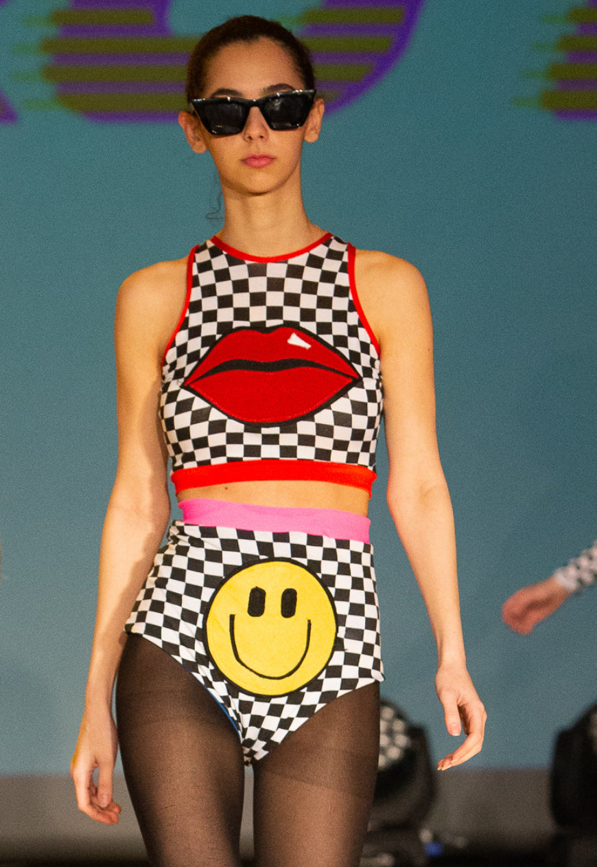 Chess Not Checkers checkerboard crop top with Red lips