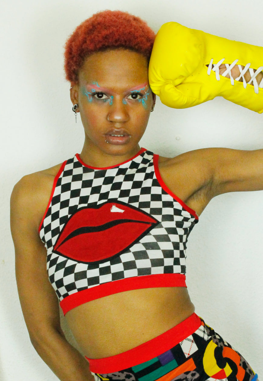 CHECKMATE black and white checkerboard sleeveless crop top with red lips
