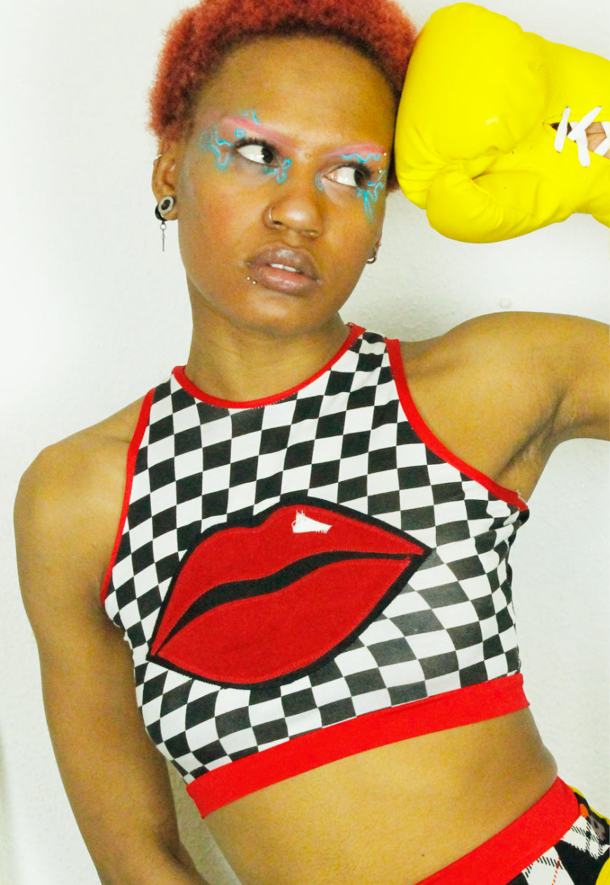 CHECKMATE black and white checkerboard sleeveless crop top with red lips