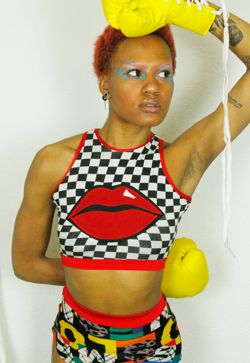 CHECKMATE black and white checkerboard sleeveless crop top with red lips