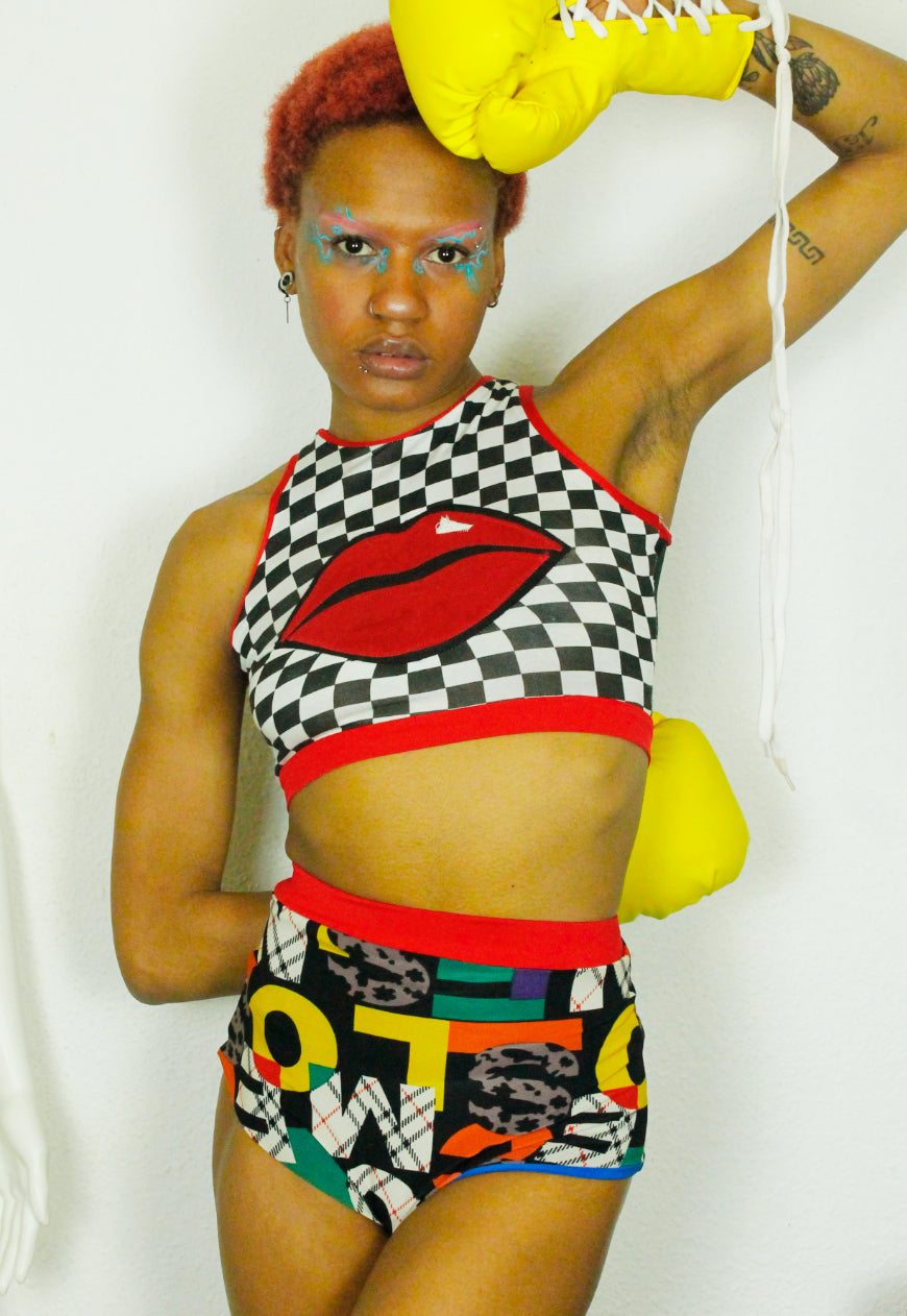 CHECKMATE black and white checkerboard sleeveless crop top with red lips